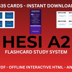 May include: A red background with the text "835 CARDS - INSTANT DOWNLOAD" at the top. The image promotes a "HESI A2 FLASHCARD STUDY SYSTEM" with study cards and a vocabulary flashcards section. The bottom text reads "PDF - OFFLINE INTERACTIVE HTML - ANKI."