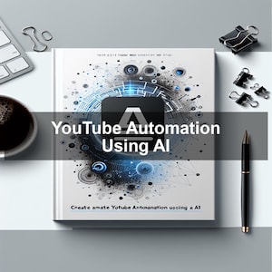May include: A white book titled "YouTube Automation Using AI" with a blue and black graphic design. The book is surrounded by office supplies, including a pen, binder clips, and a cup of coffee. The text "Create amate Yotube Antoranation ussing a Al" is also visible.