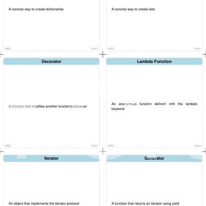 May include: Flashcards detailing programming concepts. Each card features a light blue header and a white background. Topics include Dictionary Comprehension, List Comprehension, Decorator, Lambda Function, Iterator, and Generator.
