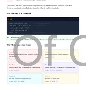 Op de afbeelding: Een pagina uit de Python Debugging Survival Guide, getiteld "Python Error Anatomy". Het legt tracebacks en de 8 belangrijkste uitzonderingstypen uit, zoals SyntaxError en ValueError. Bevat codefragmenten en voorbeelden.
