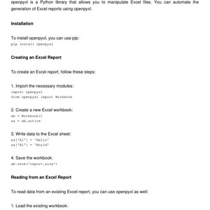 Peut inclure: Une capture d'&eacute;cran d'un tutoriel de code montrant comment automatiser des rapports Excel &agrave; l'aide de la biblioth&egrave;que Python openpyxl. Le code montre comment importer la biblioth&egrave;que, cr&eacute;er un nouveau classeur, &eacute;crire des donn&eacute;es dans la feuille et enregistrer le classeur.