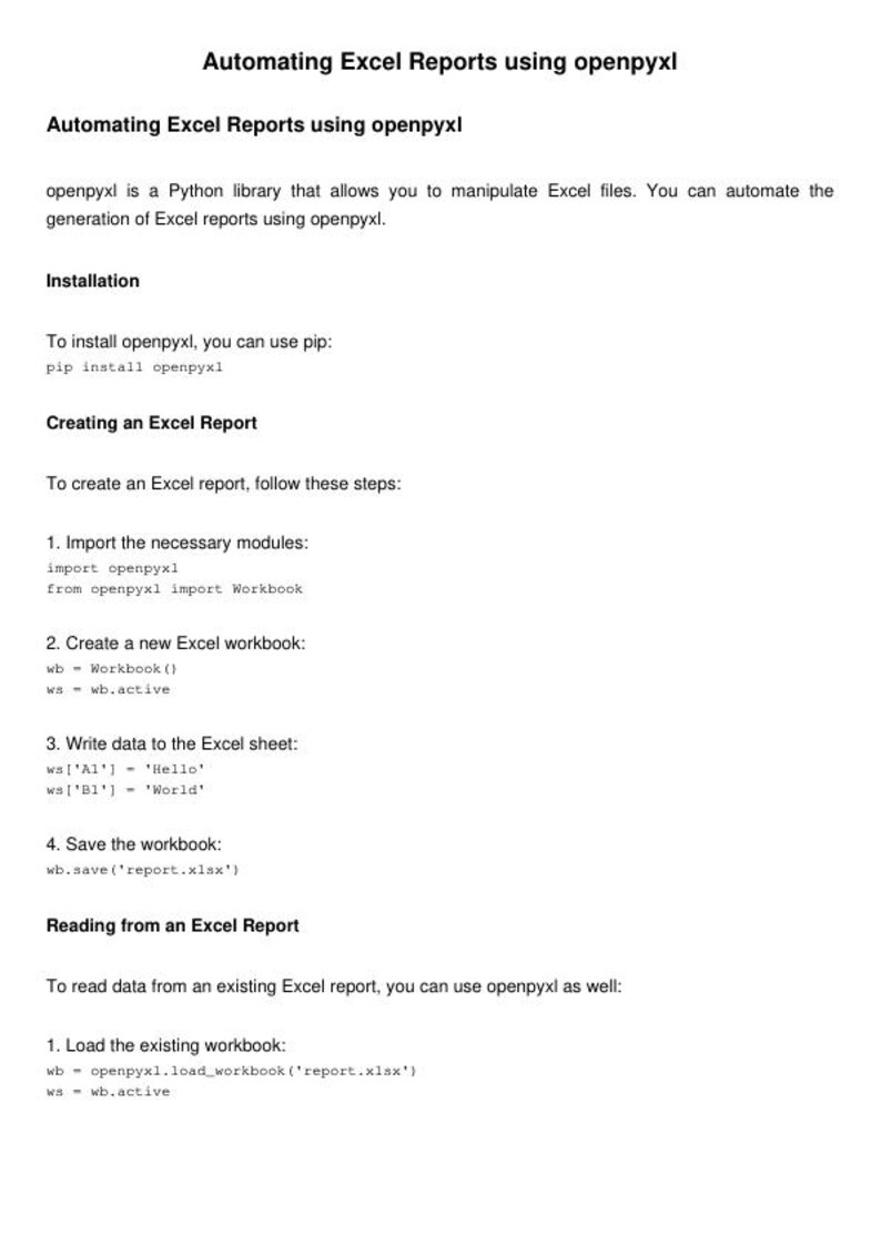 Peut inclure: Une capture d'&eacute;cran d'un tutoriel de code montrant comment automatiser des rapports Excel &agrave; l'aide de la biblioth&egrave;que Python openpyxl. Le code montre comment importer la biblioth&egrave;que, cr&eacute;er un nouveau classeur, &eacute;crire des donn&eacute;es dans la feuille et enregistrer le classeur.