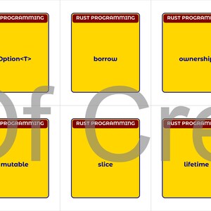 May include: Six yellow flashcards with the text "RUST PROGRAMMING" at the top. The cards display the words "Option<T>", "borrow", "ownership", "mutable", "slice", and "lifetime".