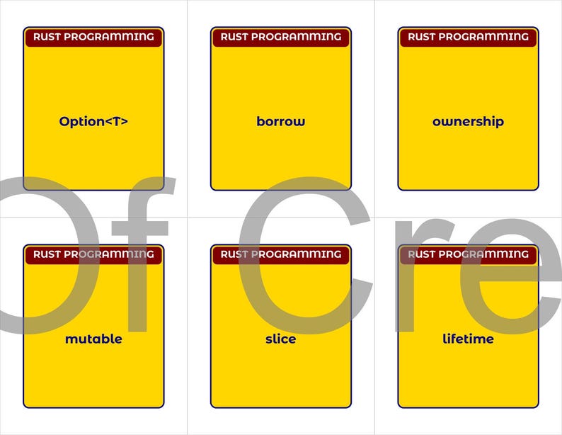 May include: Six yellow flashcards with the text "RUST PROGRAMMING" at the top. The cards display the words "Option<T>", "borrow", "ownership", "mutable", "slice", and "lifetime".