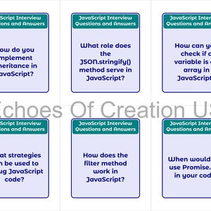 Peut inclure: Six cartes de questions et r&eacute;ponses d'entretien JavaScript. Chaque carte a une bordure turquoise et un fond blanc. Les questions incluent "Comment impl&eacute;menter l'h&eacute;ritage en JavaScript ?" et "Comment fonctionne la m&eacute;thode filter en JavaScript ?"