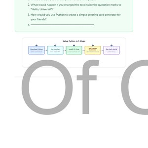 May include: A page from a tutorial on Python programming. It includes a "Quick Check" section with questions about the 'print' function and a diagram showing the steps to set up Python. The text "Of C" is prominently displayed.