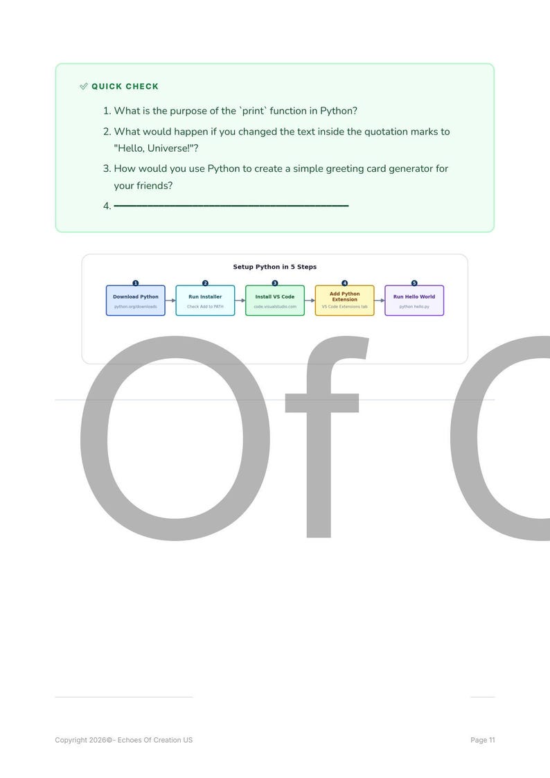 May include: A page from a tutorial on Python programming. It includes a "Quick Check" section with questions about the 'print' function and a diagram showing the steps to set up Python. The text "Of C" is prominently displayed.