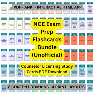 May include: A collection of flashcards for NCE exam prep, featuring various counseling theories and concepts. The cards are arranged in a grid, with titles like "Career Development Theories" and "Active Listening." The image includes the text "NCE Exam Prep Flashcards Bundle (Unofficial)."