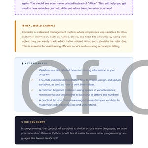 May include: Educational page with programming concepts. Includes sections on variables, real-world examples, and key takeaways. The page features text in a purple and yellow color scheme, with a large "Of C" graphic overlay.
