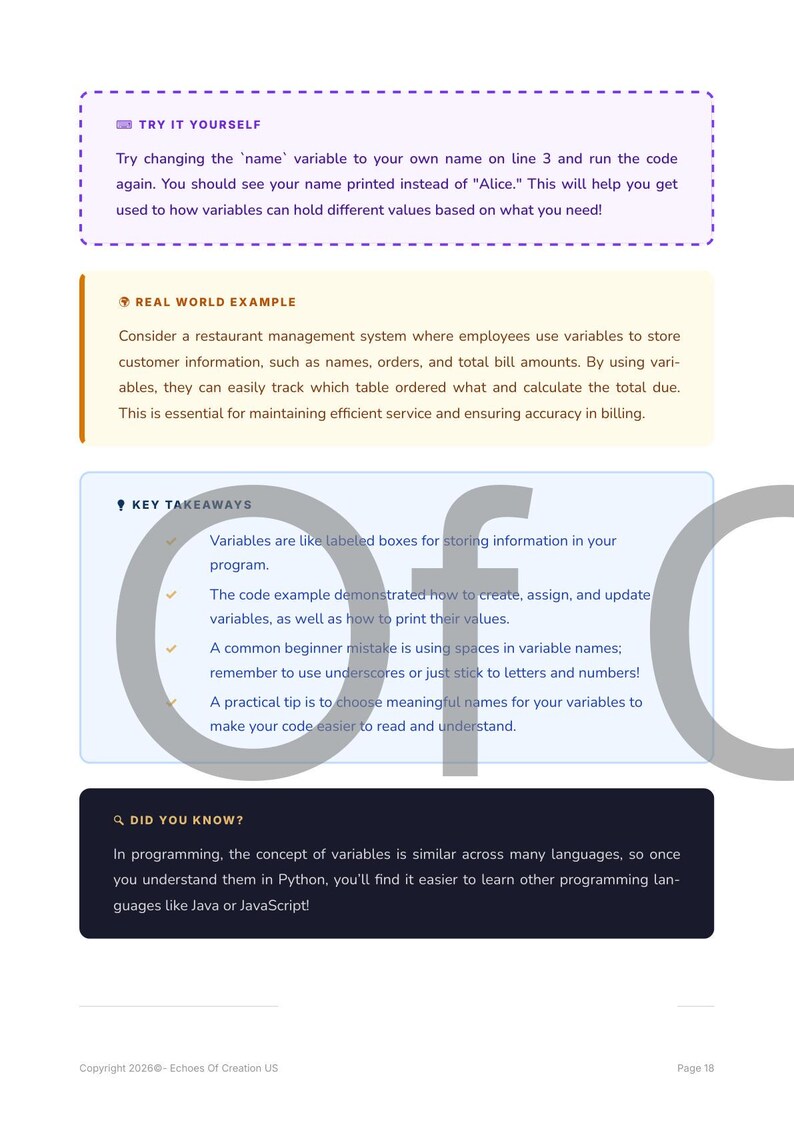 May include: Educational page with programming concepts. Includes sections on variables, real-world examples, and key takeaways. The page features text in a purple and yellow color scheme, with a large "Of C" graphic overlay.
