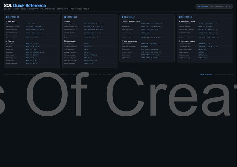 May include: A dark blue SQL Quick Reference poster with white text. The poster includes sections on data query, filtering, joins, aggregation, and table management. The words "Of Create" are in large grey letters at the bottom.