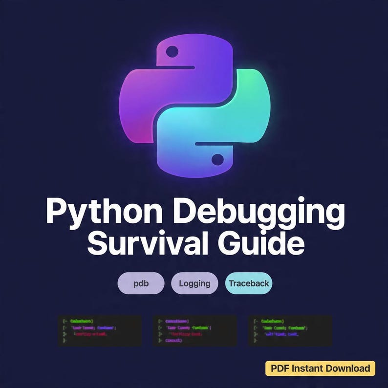 Op de afbeelding: Een digitale afbeelding met een paars en blauwgroen Python-logo boven de titel "Python Debugging Survival Guide". Daaronder staan de woorden "pdb", "Logging" en "Traceback", met codefragmenten en de tekst "PDF Instant Download".