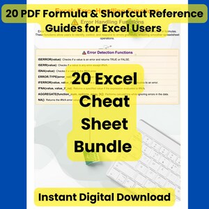 May include: A digital document titled 20 PDF Formula & Shortcut Reference Guides for Excel Users and 20 Excel Cheat Sheet Bundle. The page displays a table of Error Detection Functions including ISERROR, ISERR, ISNA, ERROR.TYPE, IFERROR, IFNA, and AGGREGATE.