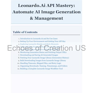 Op de afbeelding: Een lichtblauw document getiteld "Leonardo.Ai API Mastery: Automate AI Image Generation & Management". Het document bevat een inhoudsopgave met onderwerpen als AI-beeldgeneratie, API-sleutels en beeldbibliotheekbeheer.