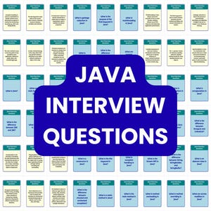 Puede incluir: Un conjunto de tarjetas con la palabra "FLASHCARDS" en la parte superior. Cada tarjeta contiene una pregunta relacionada con las preguntas de la entrevista de Java. Una gran pancarta azul en el centro dice "JAVA INTERVIEW QUESTIONS". La parte inferior de la imagen dice "4 PRINT OPTIONS".