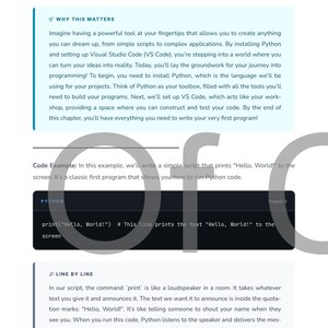 May include: A page from a programming tutorial titled "Installing Python and Setting Up VS Code." The page includes text explaining Python and VS Code, with a code example that prints "Hello, World!" to the screen.