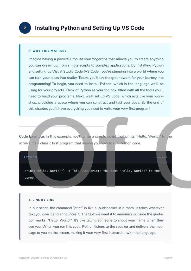 May include: A page from a programming tutorial titled "Installing Python and Setting Up VS Code." The page includes text explaining Python and VS Code, with a code example that prints "Hello, World!" to the screen.