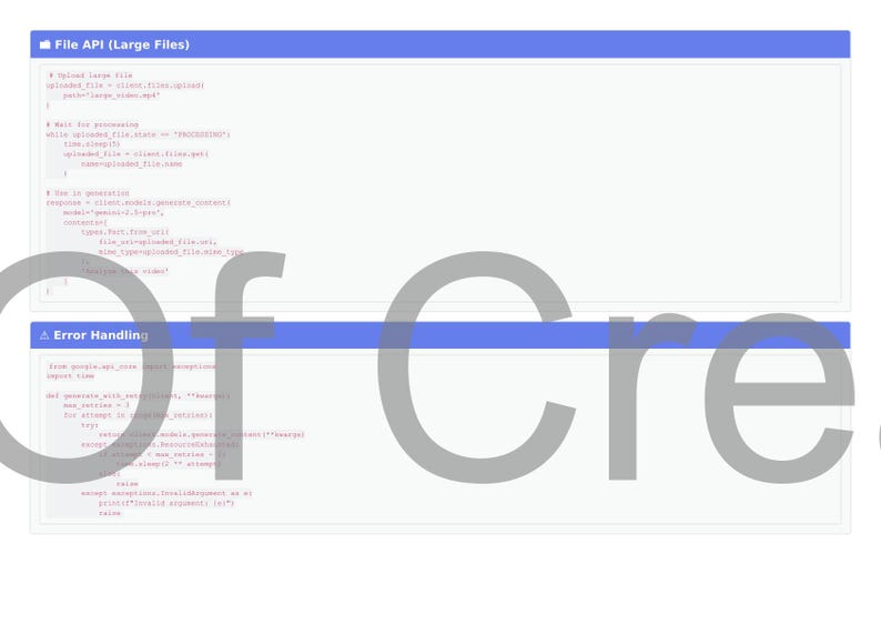 May include: A screenshot of code snippets with blue headers labelled "File API (Large Files)" and "Error Handling." The code is displayed on a white background. Large, grey text partially obscures the image.