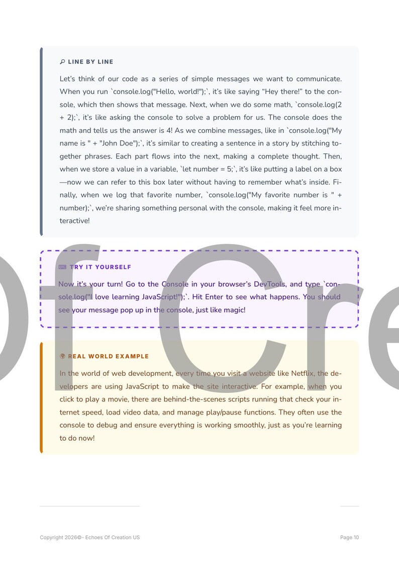 May include: A page from a book explaining JavaScript coding concepts. It features examples of console commands and a "Try It Yourself" section. The page also includes a "Real World Example" section, with text.