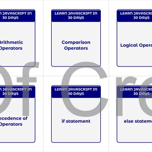 Może przedstawiać: Sześć białych fiszek z niebieskimi obramowaniami i tekstem. Każda karta u g&oacute;ry zawiera napis "NAUKA JAVASCRIPT W 30 DNI". Karty obejmują tematy takie jak operatory arytmetyczne i instrukcje if/else.