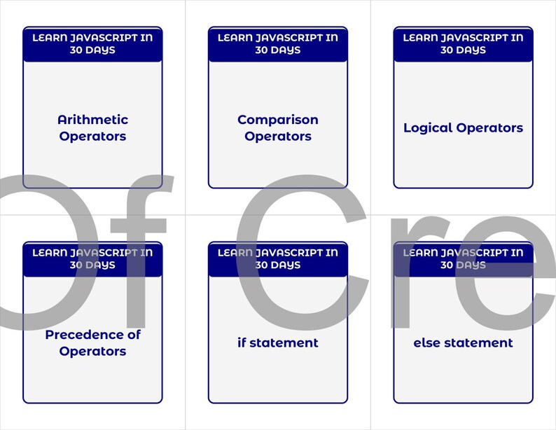 Może przedstawiać: Sześć białych fiszek z niebieskimi obramowaniami i tekstem. Każda karta u g&oacute;ry zawiera napis "NAUKA JAVASCRIPT W 30 DNI". Karty obejmują tematy takie jak operatory arytmetyczne i instrukcje if/else.