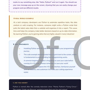 May include: A page from a tutorial on Python and VS Code, with text boxes explaining concepts and providing examples. Key takeaways are highlighted, and a fun fact about Python's name is included. The page is from Echoes Of Creation US.