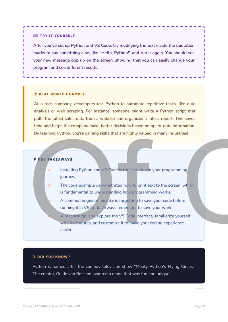 May include: A page from a tutorial on Python and VS Code, with text boxes explaining concepts and providing examples. Key takeaways are highlighted, and a fun fact about Python's name is included. The page is from Echoes Of Creation US.