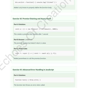 Op de afbeelding: Een pagina uit een JavaScript programmeerhandleiding. De tekst bevat codefragmenten, oefeningtitels en uitleg. De pagina is verdeeld in secties met titels als "Part C Fixed Code" en "Exercise 42: Promise Chaining and Async/Await."