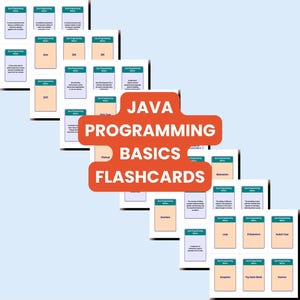 May include: A stack of flashcards titled "Java Programming Basics" with various programming concepts. The cards are white with blue and beige accents. The image also includes the text "FLASHCARDS" and "4 PRINT OPTIONS".