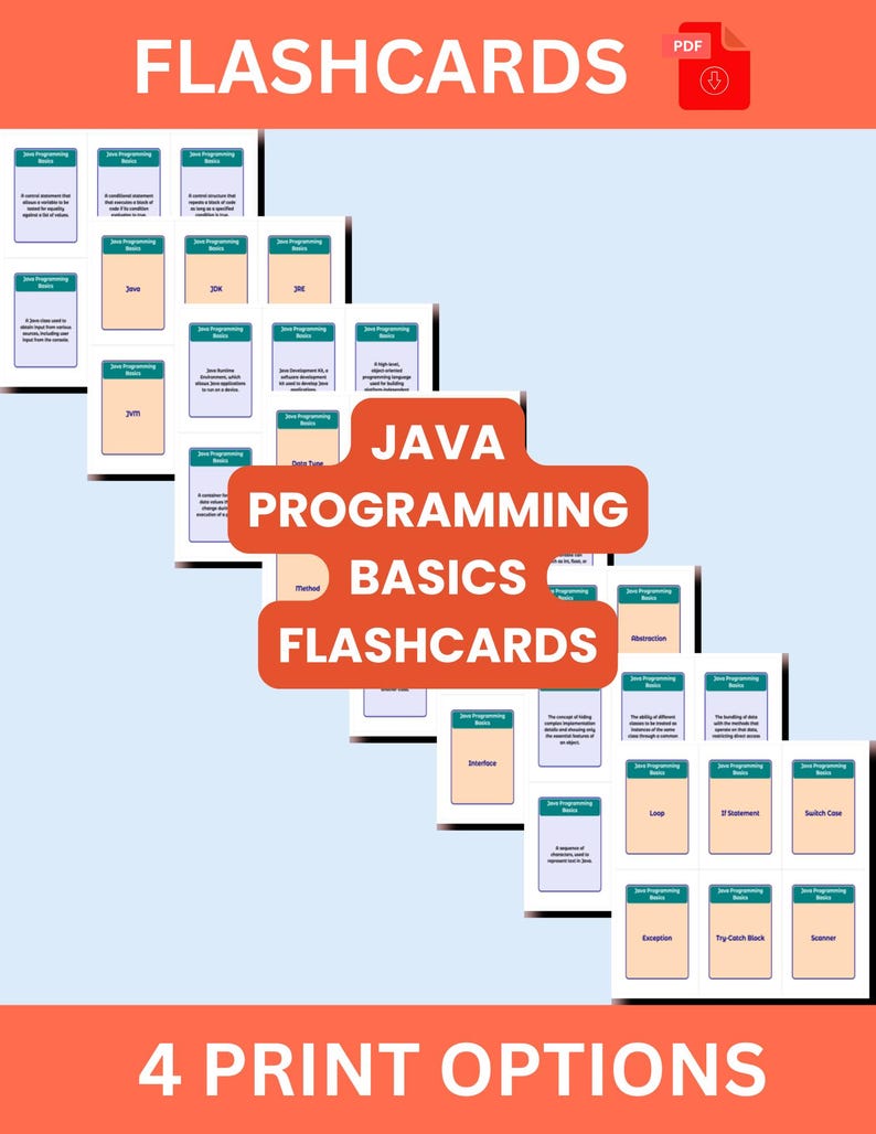 May include: A stack of flashcards titled "Java Programming Basics" with various programming concepts. The cards are white with blue and beige accents. The image also includes the text "FLASHCARDS" and "4 PRINT OPTIONS".