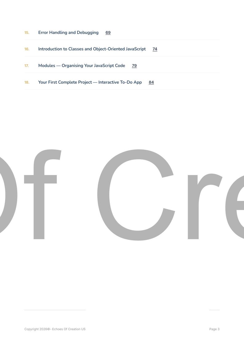 May include: A white page featuring a table of contents for a book. The table lists topics such as error handling, JavaScript classes, modules, and a to-do app. The title "Of Creation" is displayed in large grey letters.