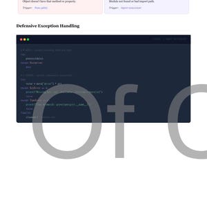 Op de afbeelding: Een pagina uit de "Python Debugging Survival Guide" met de titel "Defensive Exception Handling". De pagina bevat codefragmenten, foutbeschrijvingen en de tekst "AttributeError" en "ImportError".