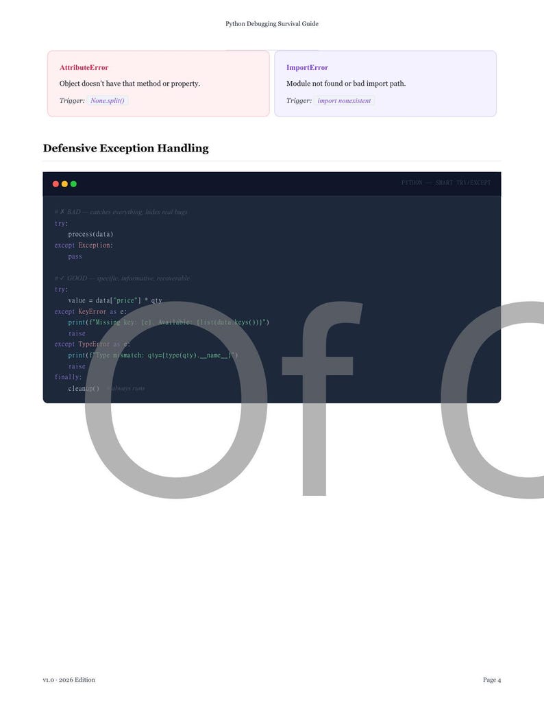 Op de afbeelding: Een pagina uit de "Python Debugging Survival Guide" met de titel "Defensive Exception Handling". De pagina bevat codefragmenten, foutbeschrijvingen en de tekst "AttributeError" en "ImportError".