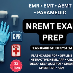 May include: NREMT exam prep flashcard study system featuring a blue glove, two clear specimen containers, a CPR patch, and an EMS patch. Text includes EMR, EMT, AEMT, PARAMEDIC, NREMT EXAM PREP, FLASHCARD STUDY SYSTEM, 32 Files, and various file formats.