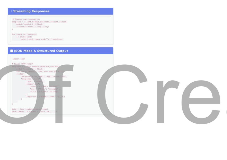 May include: A white background with two blue-bordered boxes containing code snippets. The top box is titled "Streaming Responses" and the bottom box is titled "JSON Mode & Structured Output". Large grey text that says "of Cre" is in the foreground.