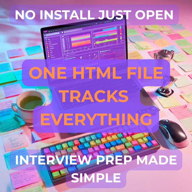 May include: A laptop displaying data analysis sits on a desk covered in sticky notes. A colorful keyboard, a cup of tea, a mouse, and a small trophy are also present. Text reads: "NO INSTALL JUST OPEN", "ONE HTML FILE TRACKS EVERYTHING", and "INTERVIEW PREP MADE SIMPLE".