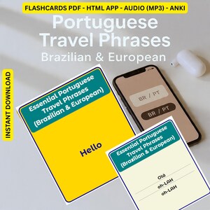 Zestaw fiszek do języka portugalskiego | Zwroty podróżne | Aplikacja HTML - Dźwięk MP3 - Fiszki PDF do druku - Anki Deck