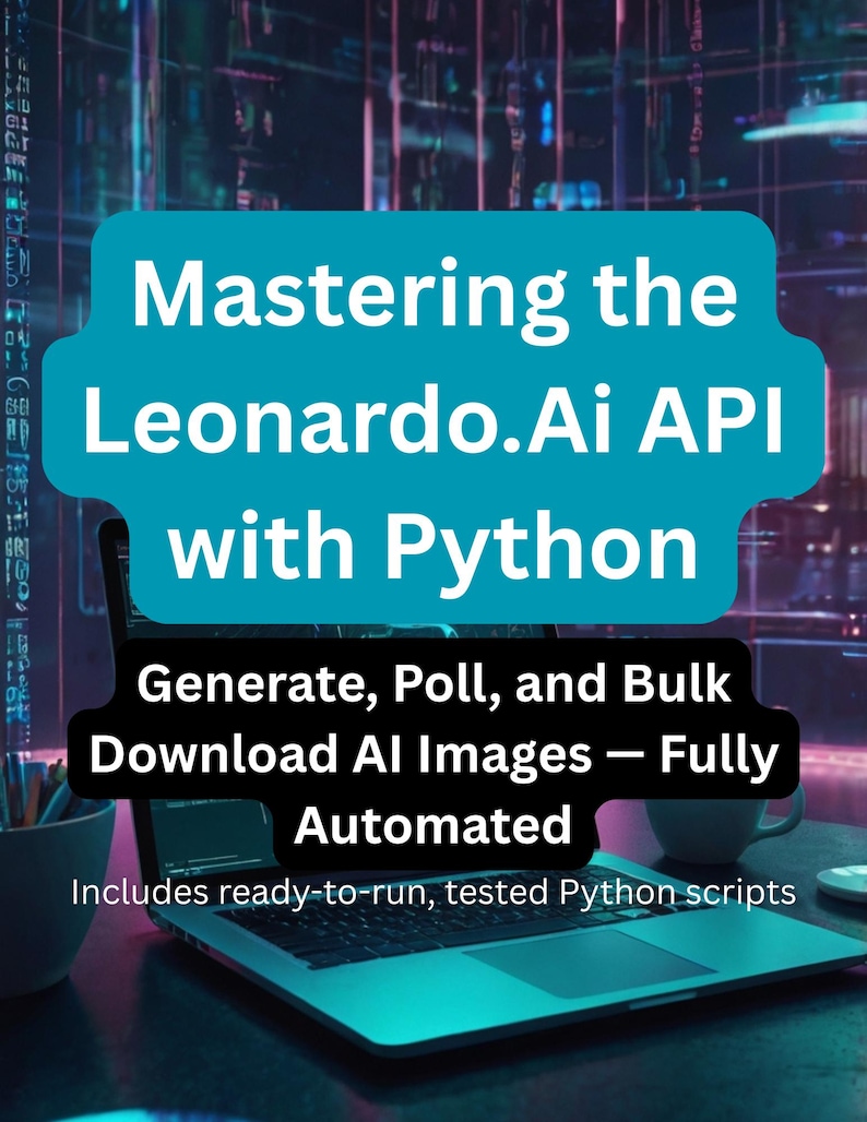 Op de afbeelding: Een laptop toont de tekst: "Mastering the Leonardo.Ai API with Python." Daaronder staat: "Generate, Poll, and Bulk Download AI Images - Fully Automated." De achtergrond is een vage, futuristische sc&egrave;ne met een turquoise tint.