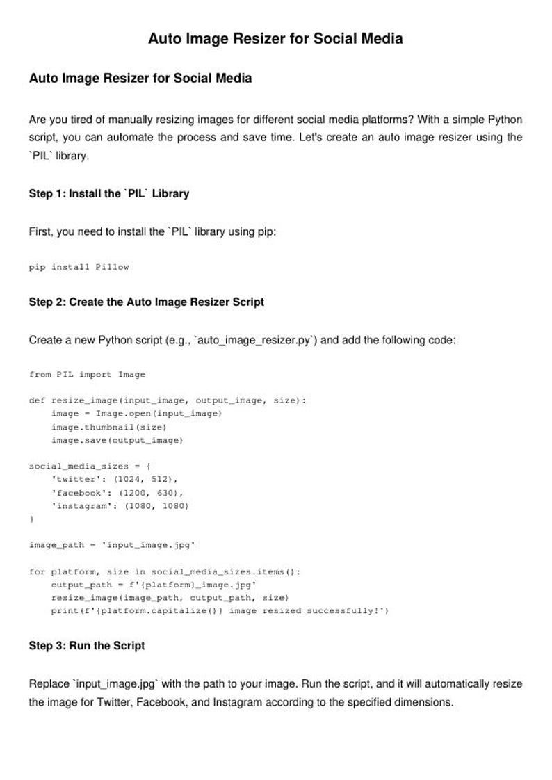 Peut inclure: Code pour un script Python qui redimensionne les images pour les plateformes de m&eacute;dias sociaux telles que Twitter, Facebook et Instagram. Le code comprend des instructions pour installer la biblioth&egrave;que PIL et redimensionner les images aux dimensions sp&eacute;cifi&eacute;es.