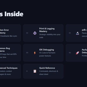Op de afbeelding: Een donkerblauwe afbeelding met de titel "What's Inside" en rechthoekige vakken. Elk vak bevat een titel en beschrijving over Python-programmering, zoals "Python Error Anatomy" en "IDE Debugging".