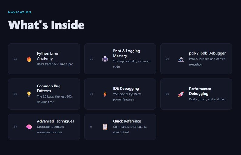 Op de afbeelding: Een donkerblauwe afbeelding met de titel "What's Inside" en rechthoekige vakken. Elk vak bevat een titel en beschrijving over Python-programmering, zoals "Python Error Anatomy" en "IDE Debugging".