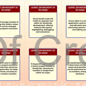 Może przedstawiać: Sześć prostokątnych kart z tekstem "LEARN JAVASCRIPT IN 30 DAYS" na g&oacute;rze. Każda karta zawiera definicję związaną z programowaniem JavaScript, np. "Nazwana lokalizacja pamięci w pamięci."