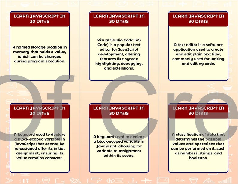 Może przedstawiać: Sześć prostokątnych kart z tekstem "LEARN JAVASCRIPT IN 30 DAYS" na g&oacute;rze. Każda karta zawiera definicję związaną z programowaniem JavaScript, np. "Nazwana lokalizacja pamięci w pamięci."