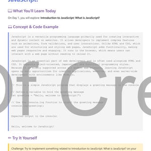 Może przedstawiać: Biała strona internetowa z tytułem "Day 1: Introduction to JavaScript: What is JavaScript?" wprowadzająca do JavaScript. Zawiera cele uczenia się, przykłady kodu i oczekiwany wynik w konsoli.
