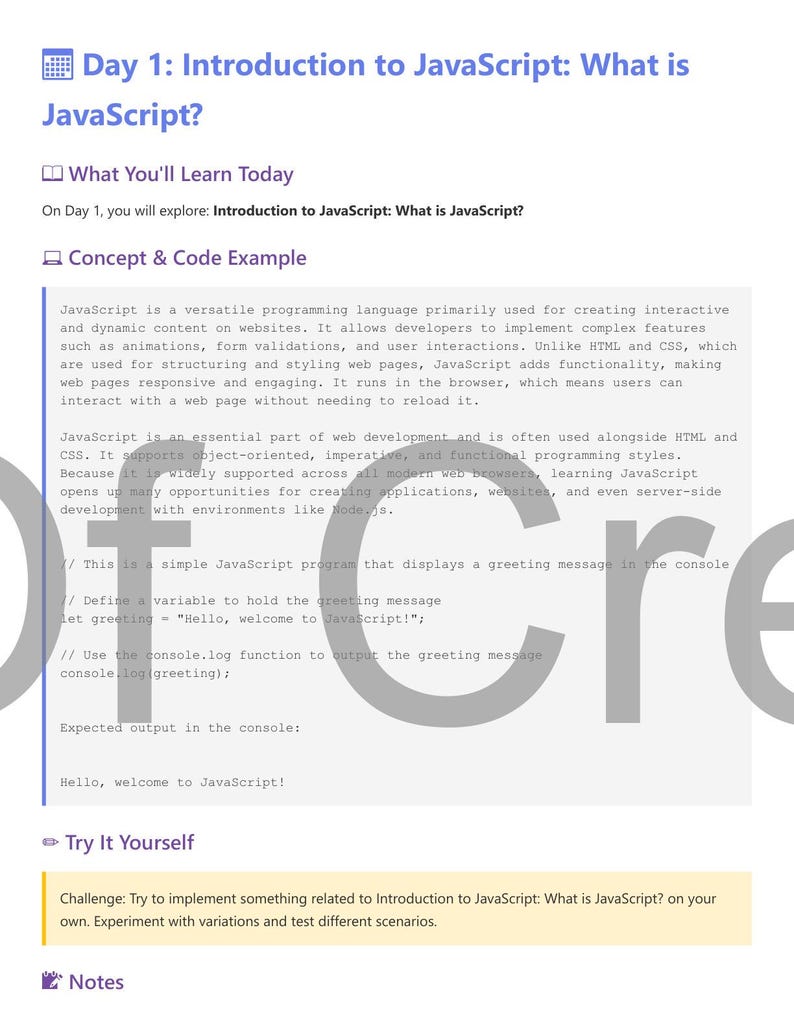 Może przedstawiać: Biała strona internetowa z tytułem "Day 1: Introduction to JavaScript: What is JavaScript?" wprowadzająca do JavaScript. Zawiera cele uczenia się, przykłady kodu i oczekiwany wynik w konsoli.