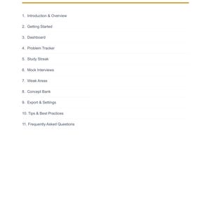 May include: A white page with the title "Table of Contents" in bold black text. Below the title is a list of eleven numbered items, including "Introduction & Overview" and "Frequently Asked Questions". The document is a user guide.