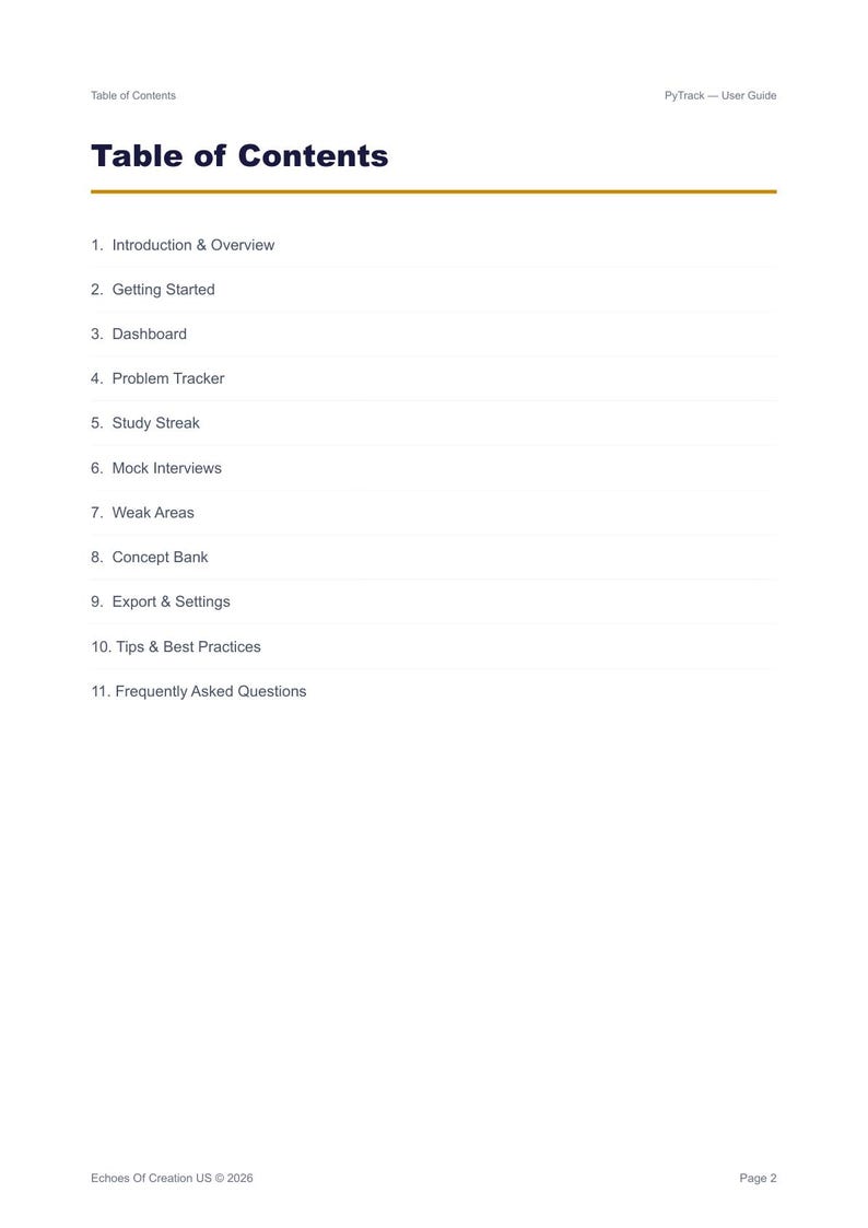 May include: A white page with the title "Table of Contents" in bold black text. Below the title is a list of eleven numbered items, including "Introduction & Overview" and "Frequently Asked Questions". The document is a user guide.