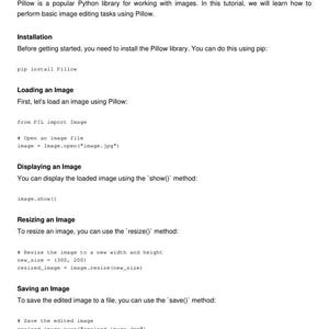 Peut inclure: Un extrait de code montrant comment utiliser la biblioth&egrave;que Python Pillow pour charger, afficher, redimensionner et enregistrer des images. Le code comprend des commentaires expliquant chaque &eacute;tape.