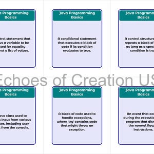 May include: Six flashcards with teal headers that read "Java Programming Basics." Each card contains a definition of a programming concept. The text "Echoes of Creation US" is in the center of the image.
