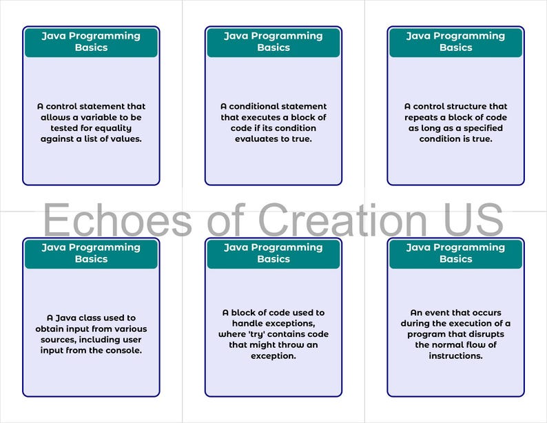 May include: Six flashcards with teal headers that read "Java Programming Basics." Each card contains a definition of a programming concept. The text "Echoes of Creation US" is in the center of the image.